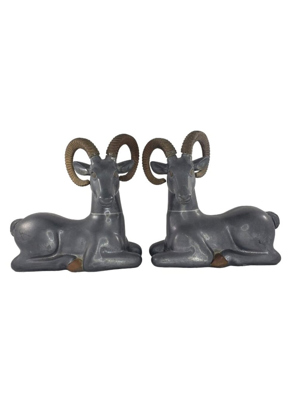 Art Deco Pewter Brass Ram Antelope Ibex Bookend Pair Vintage 1930s